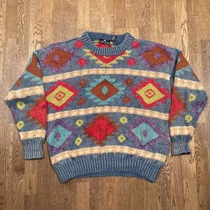 Vintage 90s Structure Ramie Cotton Southwestern Aztec Faded Sweater Mens XL